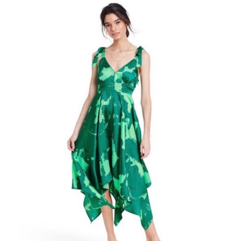 ALEXIS Tie Strap Asymmetrical Hem Dress Green XXS
